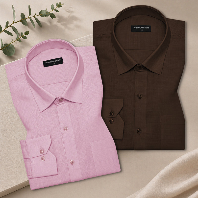 Pack of 2 Brown & Solid Pink Textured Linen Shirt For Men