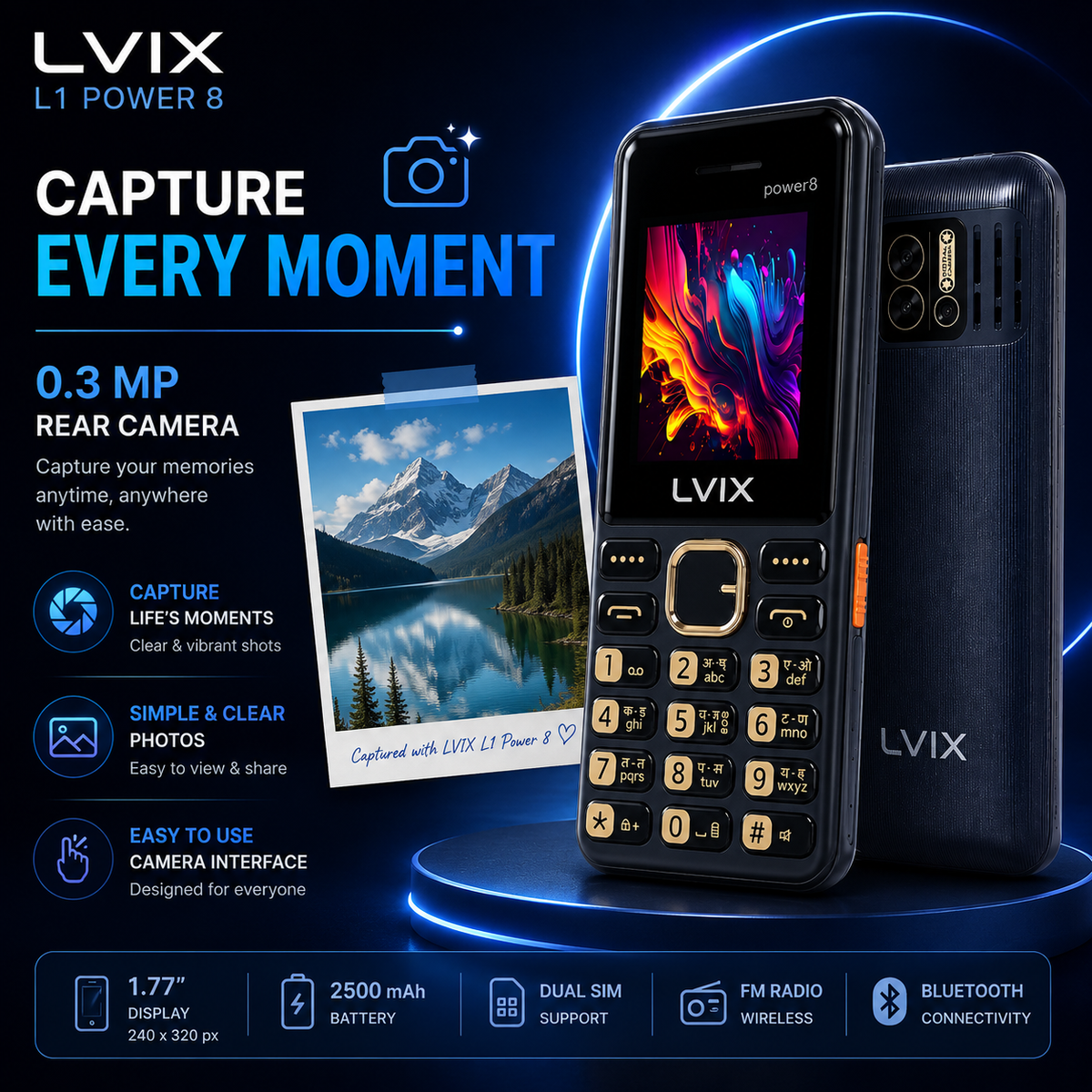 Lvix L1 Power 8 Dual SIM Keypad Mobile (Sky Blue) with 1.77-inch Display, 2500 mAh Battery, 0.3 MP Camera & Bluetooth