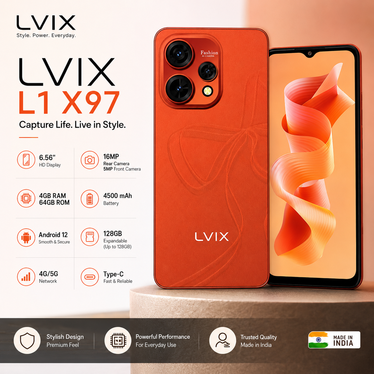 Lvix L1 X97 4GB RAM 64GB ROM 6.56-inch HD Display Dual SIM 4G Smartphone with AI Dual Camera