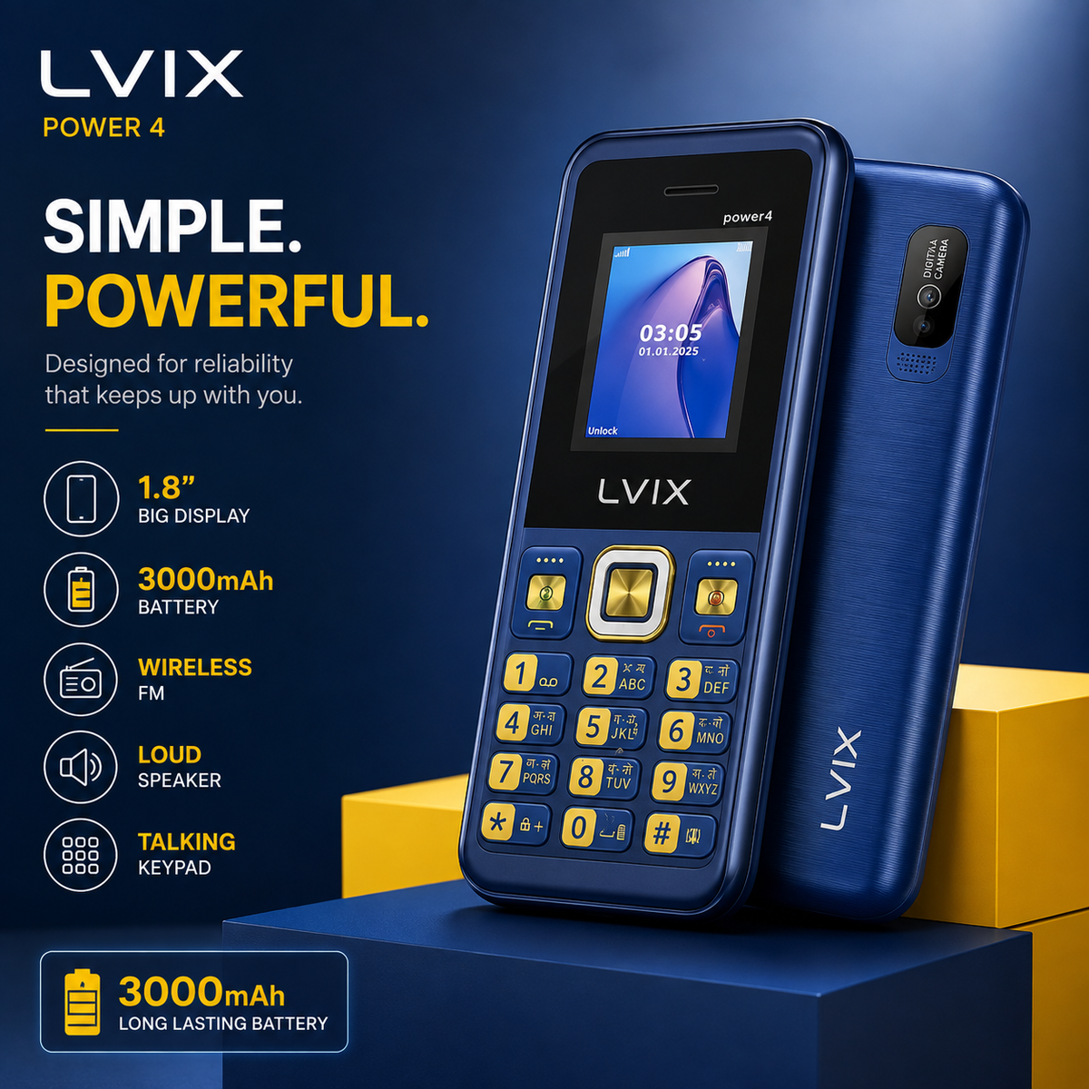 Lvix All-New Power 4 Dual Sim |Keypad Mobile| with 1.8" Display | BT Dialer| Voice Changer | Auto Call Recording | Powerful 3000Mah Battery | FM | Camera | Feature Phone | Torch | Blue