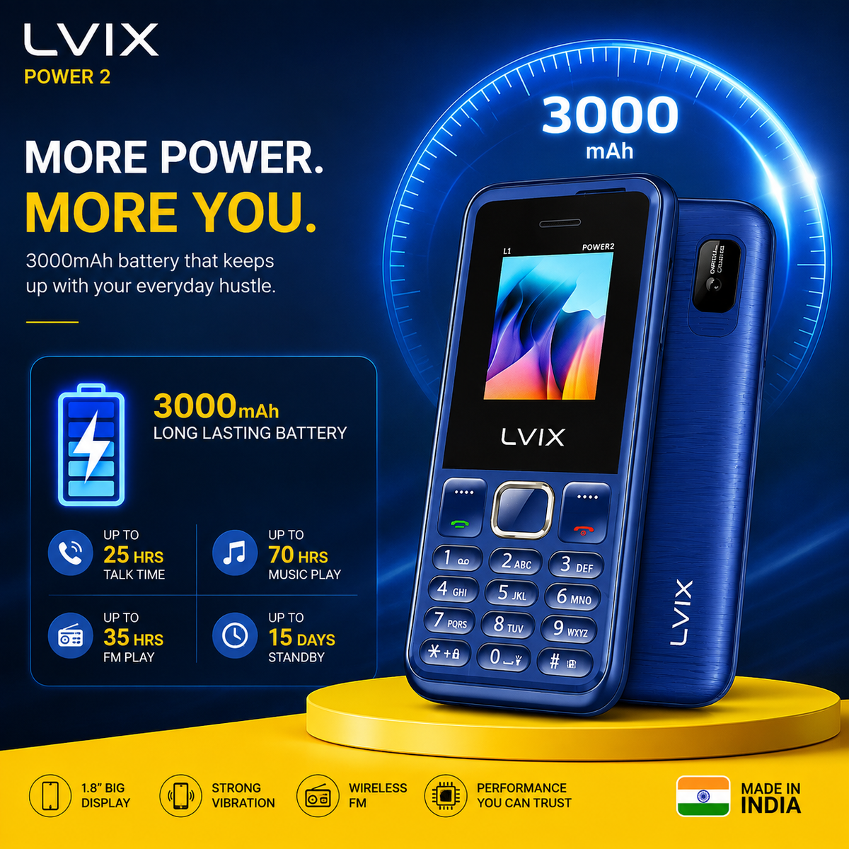 Lvix L1 Power 2 (Dark Blue) Feature Phone with 2500 mAh Battery, Dual SIM & 1.77-inch Display