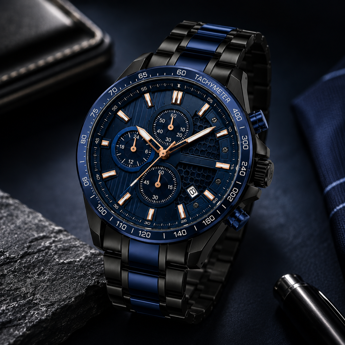 Elite Vanguard™ Men's Luxury Chronograph Watch – Blue & Black Stainless Steel