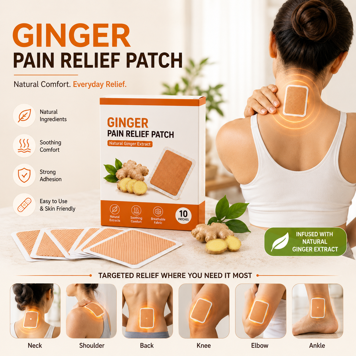 Ginger Pain Relief Patches – Herbal Ginger Heat Therapy for Muscle & Joint Comfort | 10 Patches