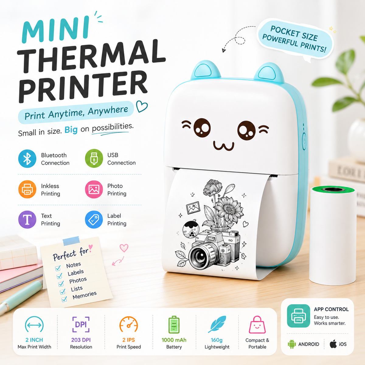 Mini Bluetooth Thermal Printer – Portable Inkless Label, Photo & Text Printer