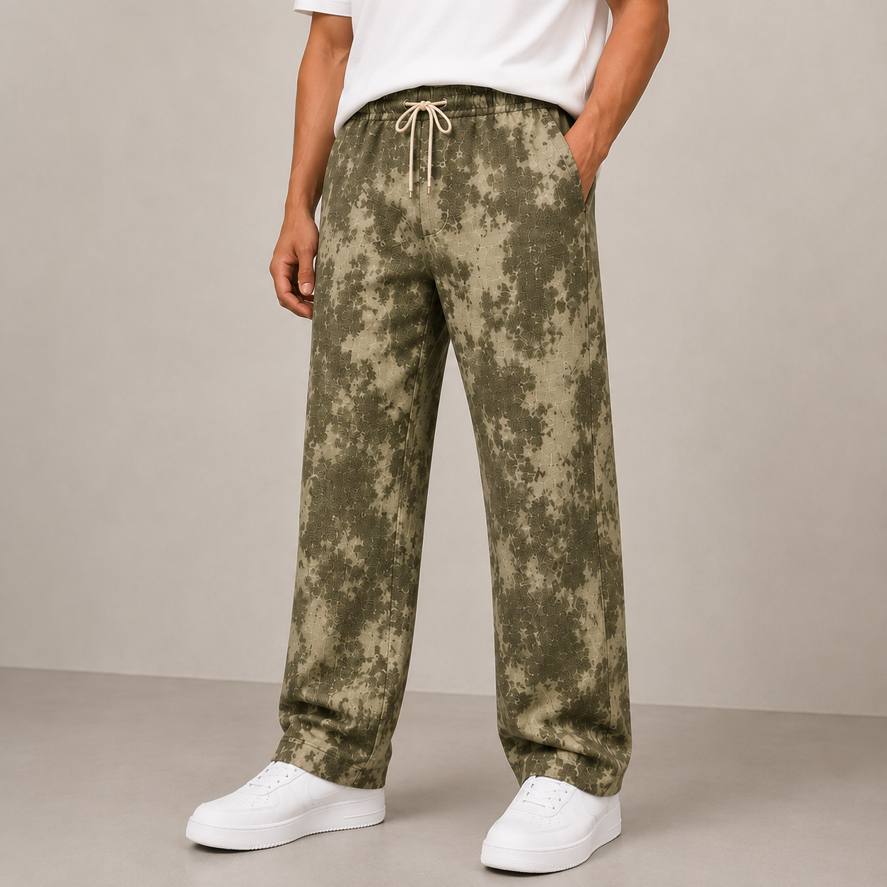 Men's Linen Blend Printed Track Pants | Straight Fit | Elastic Waist with Drawstring | Soft Breathable Casual Lounge Pants