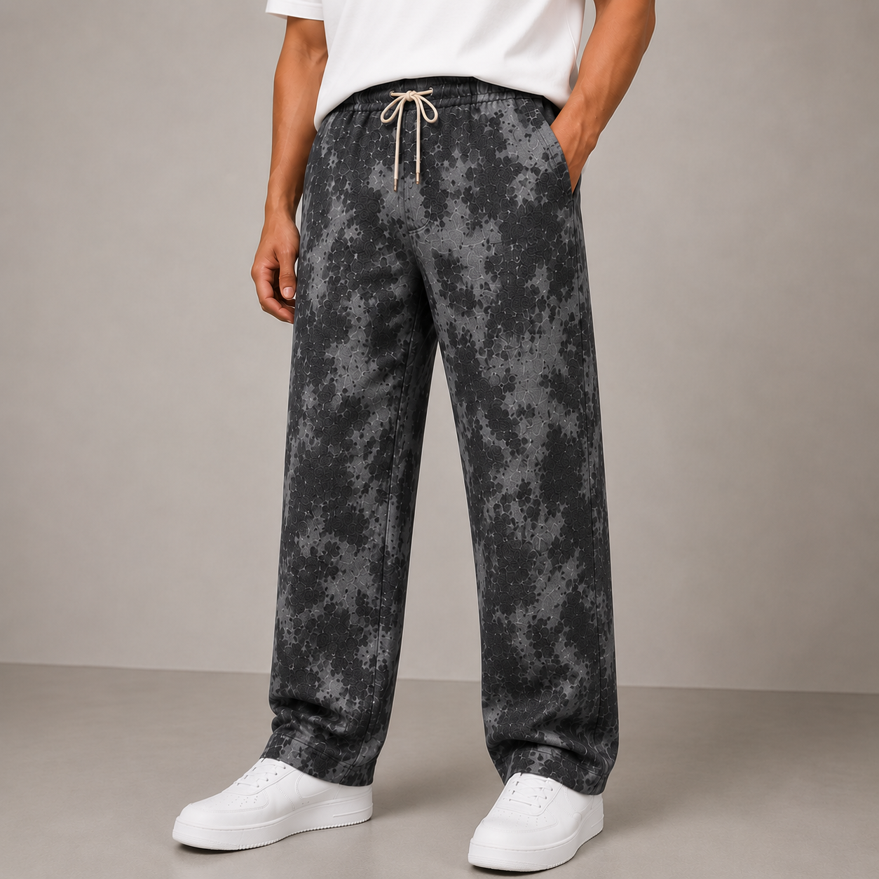 Men's Linen Blend Printed Track Pants | Straight Fit | Elastic Waist with Drawstring | Soft Breathable Casual Lounge Pants