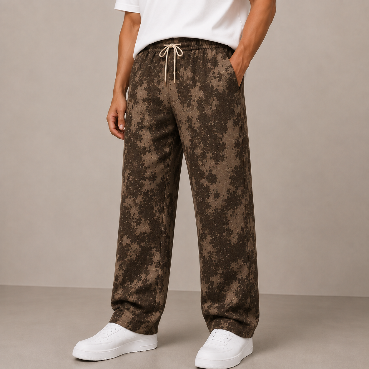 Men's Linen Blend Printed Track Pants | Straight Fit | Elastic Waist with Drawstring | Soft Breathable Casual Lounge Pants