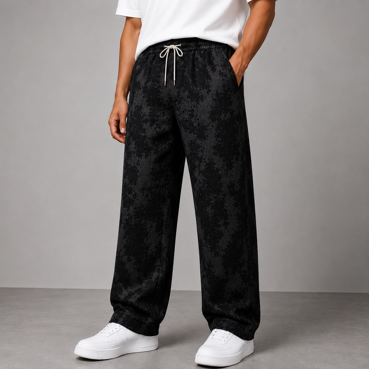 Men's Linen Blend Printed Track Pants | Straight Fit | Elastic Waist with Drawstring | Soft Breathable Casual Lounge Pants