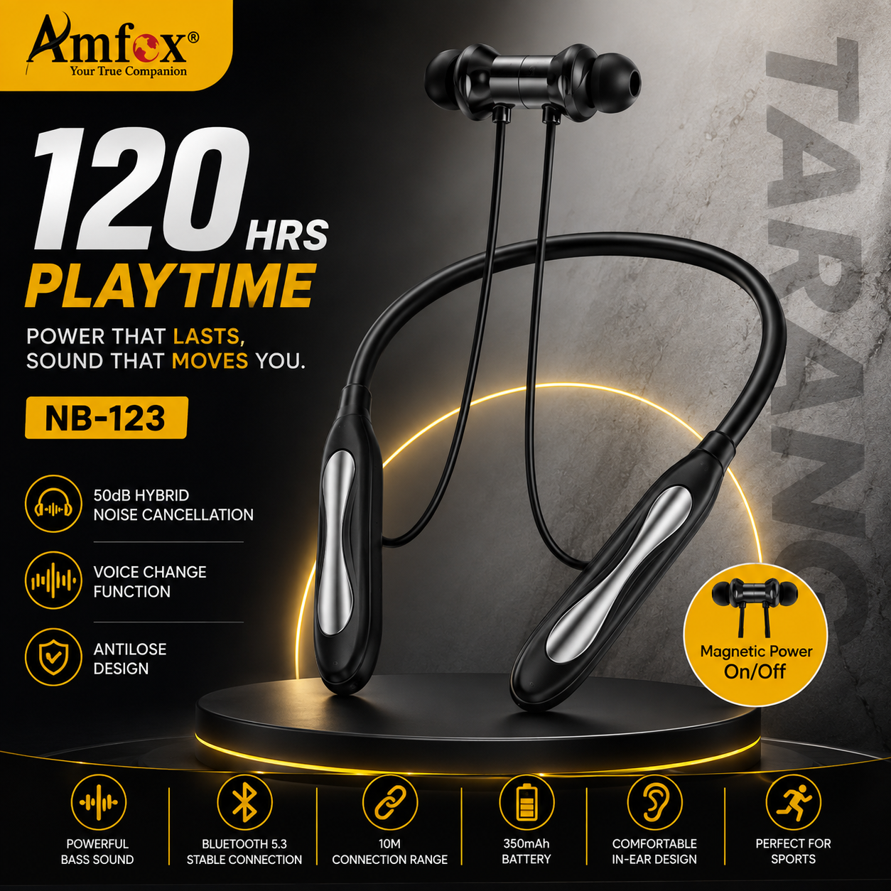 Amfox Tarang NB-123 Wireless Bluetooth Neckband Earphones | 120 Hours Playtime | 50dB Hybrid Noise Cancellation | Magnetic Power On/Off | Voice Change | 350mAh Battery | ENC Calling | Black