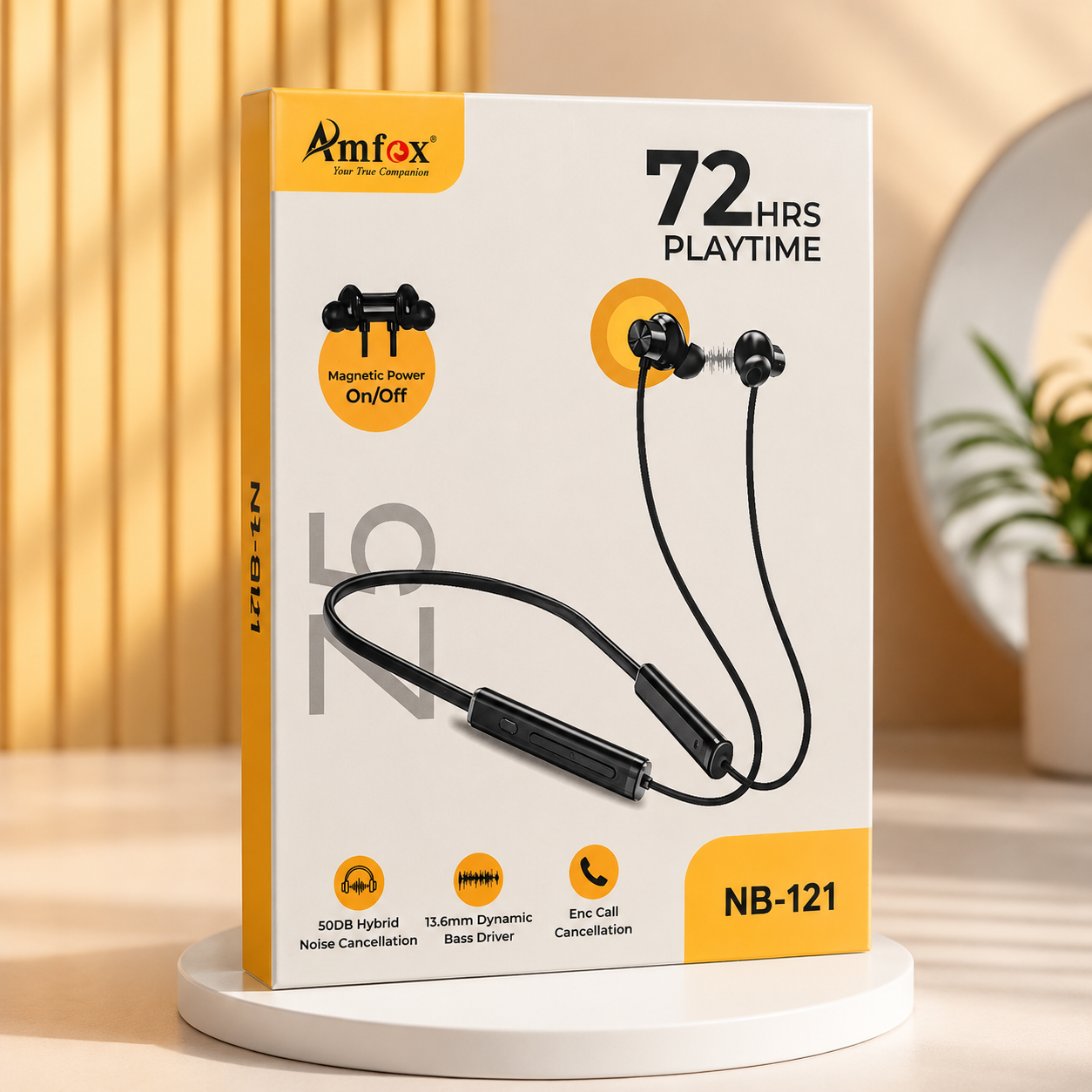 Amfox NB-121 Z5 Wireless Bluetooth Neckband Earphones | 72H Playtime | 50dB Hybrid Noise Cancellation | ENC Calling | 13.6mm Dynamic Bass Driver | Magnetic Power On/Off | Bluetooth 5.3 | Black