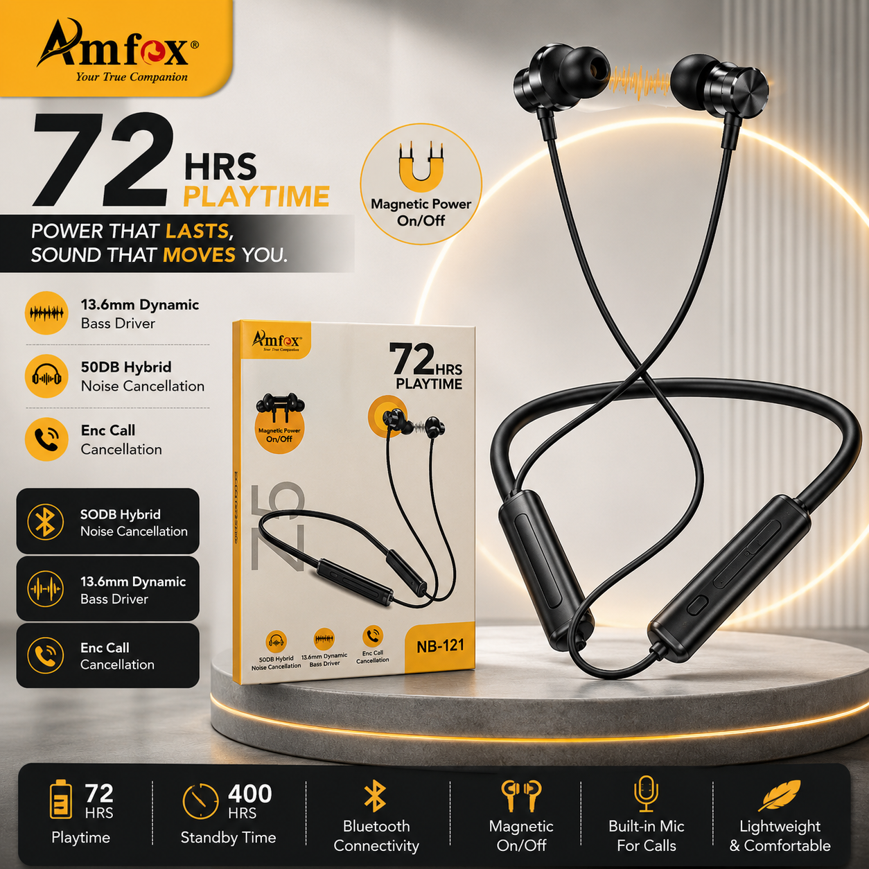 Amfox NB-121 Z5 Wireless Bluetooth Neckband Earphones | 72H Playtime | 50dB Hybrid Noise Cancellation | ENC Calling | 13.6mm Dynamic Bass Driver | Magnetic Power On/Off | Bluetooth 5.3 | Black