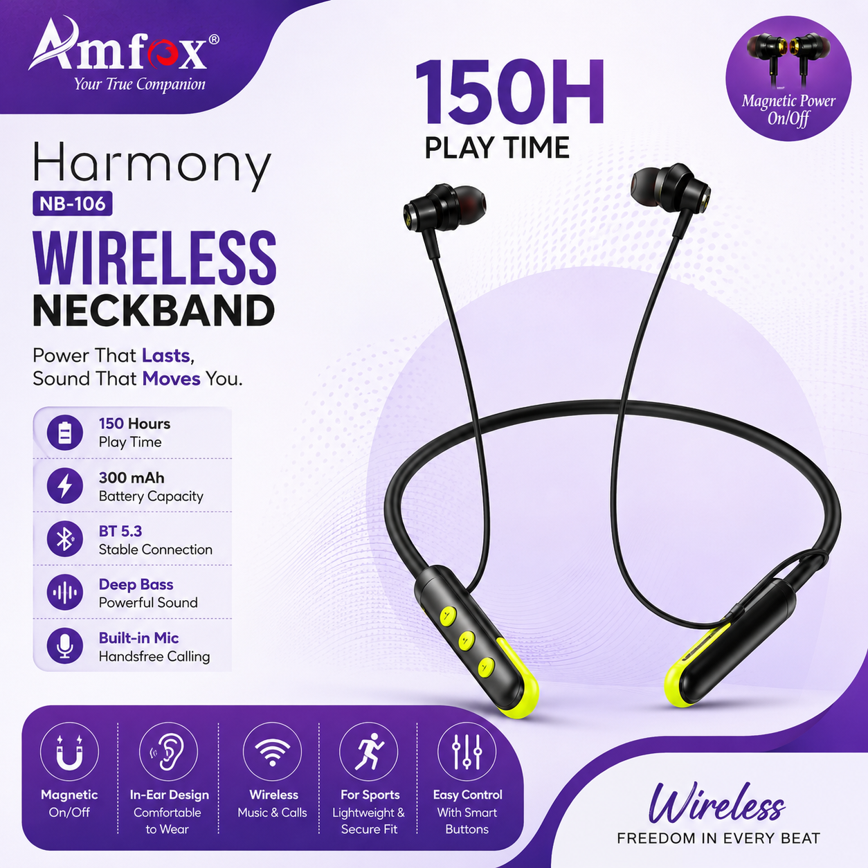 Amfox Harmony NB-106 Wireless Bluetooth Neckband Earphones | Bluetooth 5.3 | 150H Playtime | Magnetic Power On/Off | Deep Bass | Built-in Mic | Sports Neckband | Black