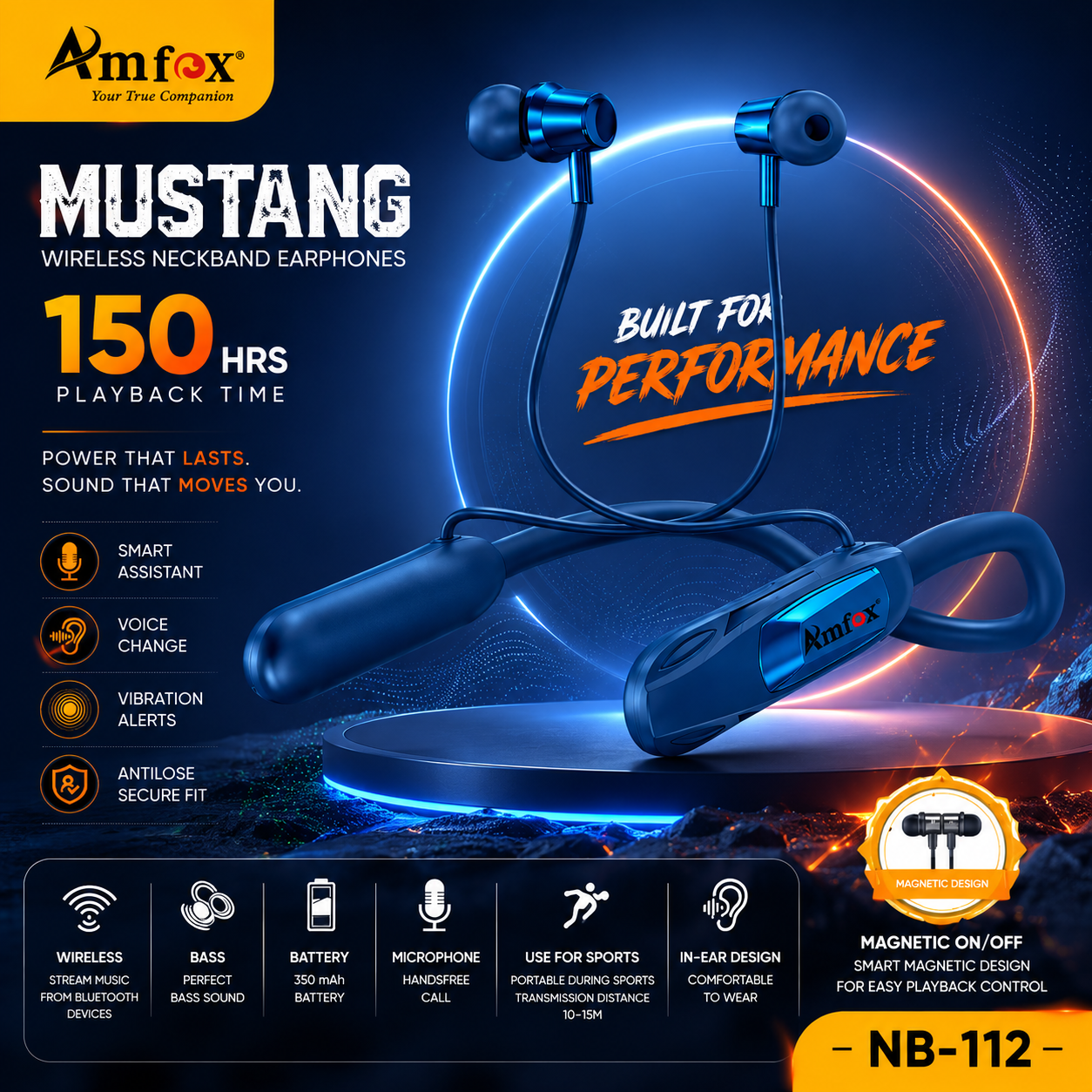 Amfox Mustang NB-112 Wireless Bluetooth Neckband Earphones | 150H Playback | Magnetic On/Off | Smart Assistant | Voice Change | Deep Bass | Sports Neckband with Mic