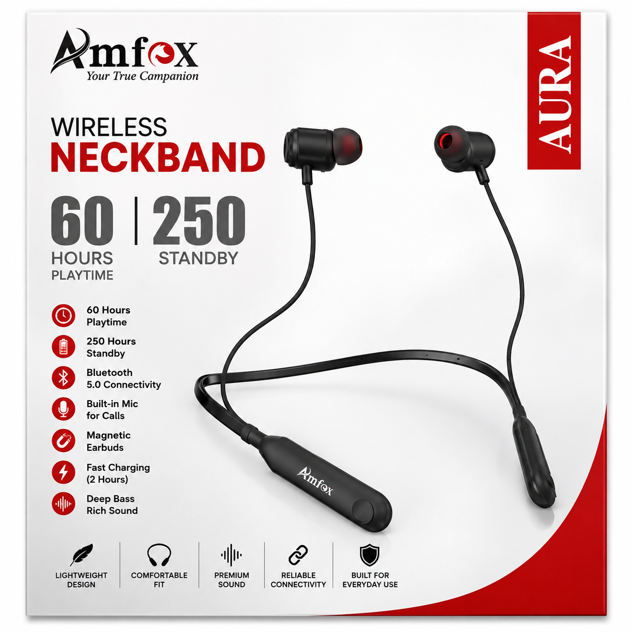 Amfox Aura Wireless Bluetooth Neckband Earphones | 60 Hours Playtime | 250 Hours Standby | Deep Bass | Built-in Mic | Fast Charging | Magnetic Earbuds