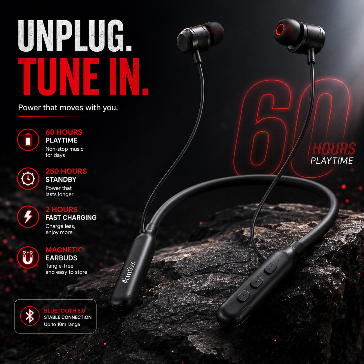 Amfox Aura Wireless Bluetooth Neckband Earphones | 60 Hours Playtime | 250 Hours Standby | Deep Bass | Built-in Mic | Fast Charging | Magnetic Earbuds