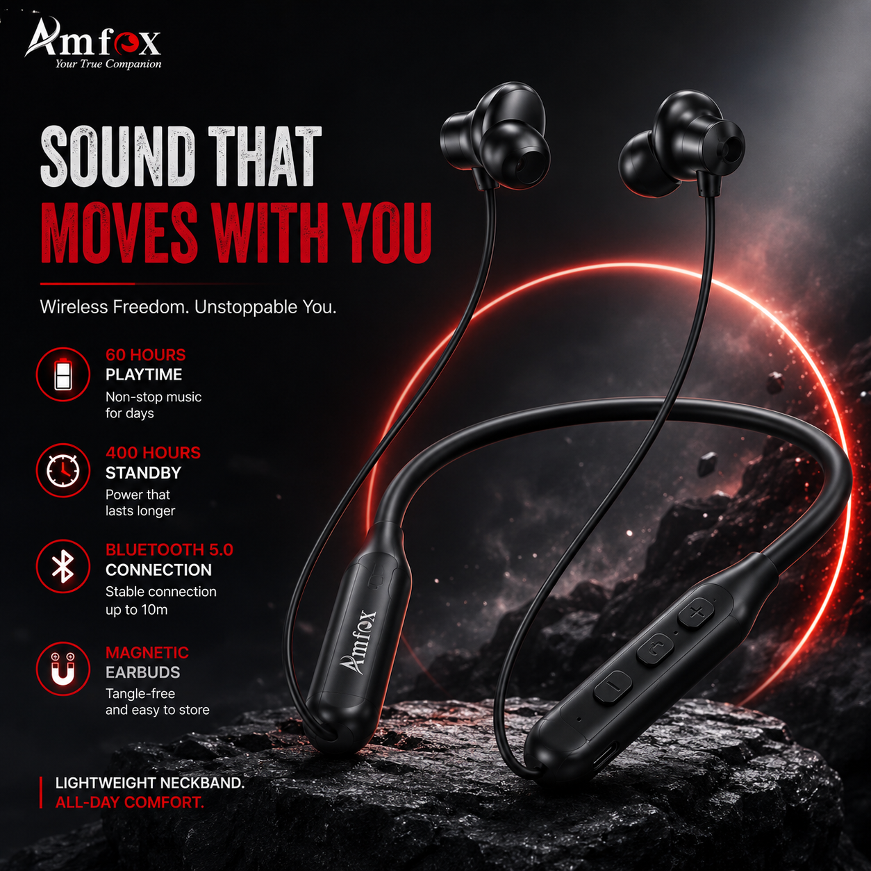 Amfox Ray Wireless Bluetooth Neckband | 60 Hours Playtime | 400 Hours Standby | Deep Bass | Magnetic Earbuds | HD Mic | Fast Charging