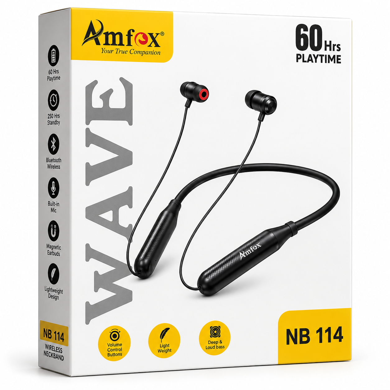 Amfox Wave NB114 Wireless Bluetooth Neckband | 60 Hours Playtime | 250 Hours Standby | Deep Bass | Lightweight | Built-in Mic | Type-C Fast Charging