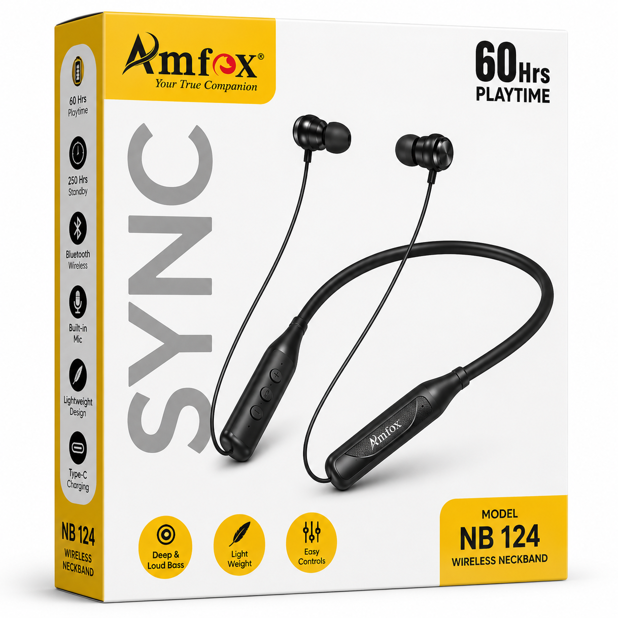 Amfox Sync NB124 Wireless Bluetooth Neckband | 60 Hours Playtime | 250 Hours Standby | Deep Bass | Lightweight | Built-in Mic | Type-C Fast Charging