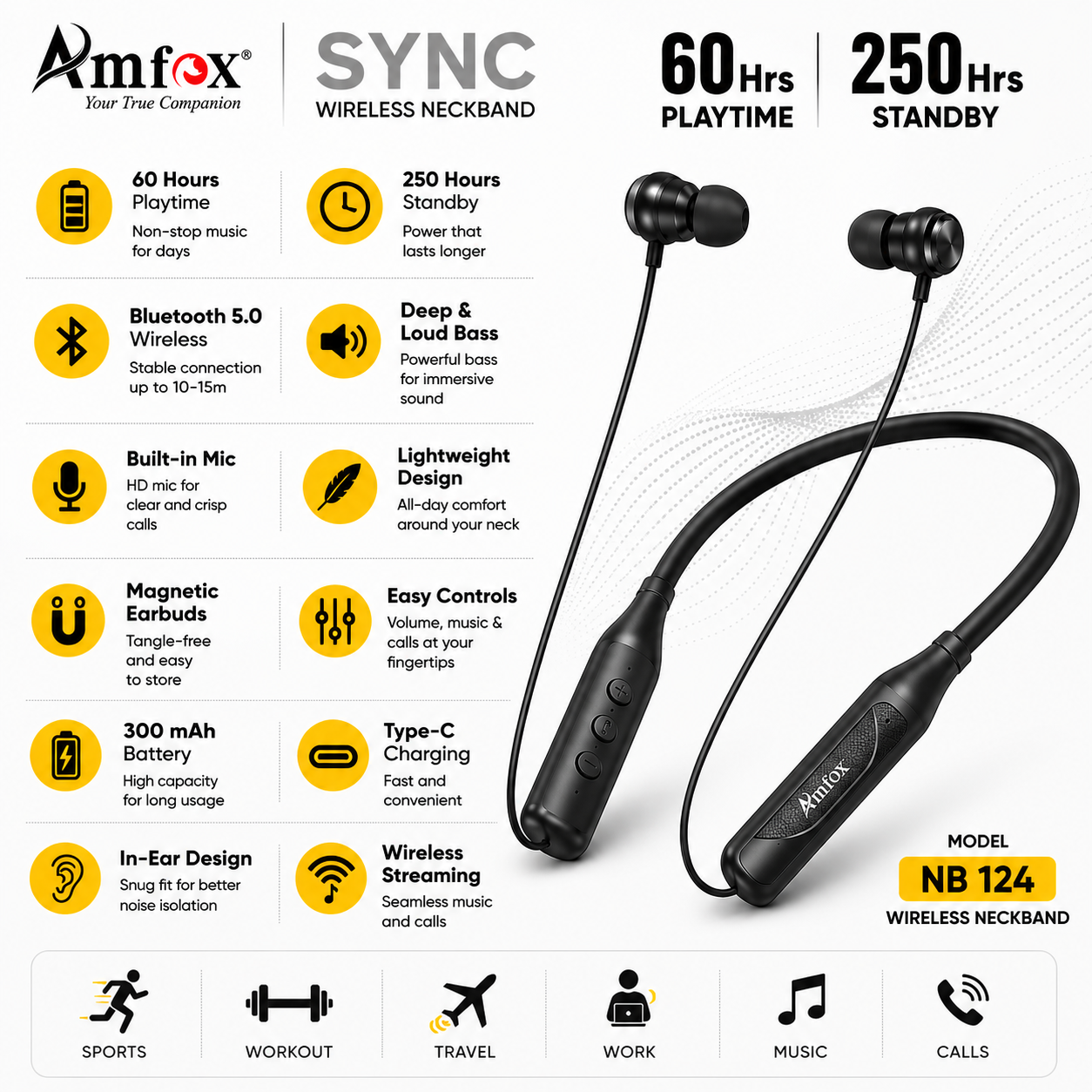 Amfox Sync NB124 Wireless Bluetooth Neckband | 60 Hours Playtime | 250 Hours Standby | Deep Bass | Lightweight | Built-in Mic | Type-C Fast Charging