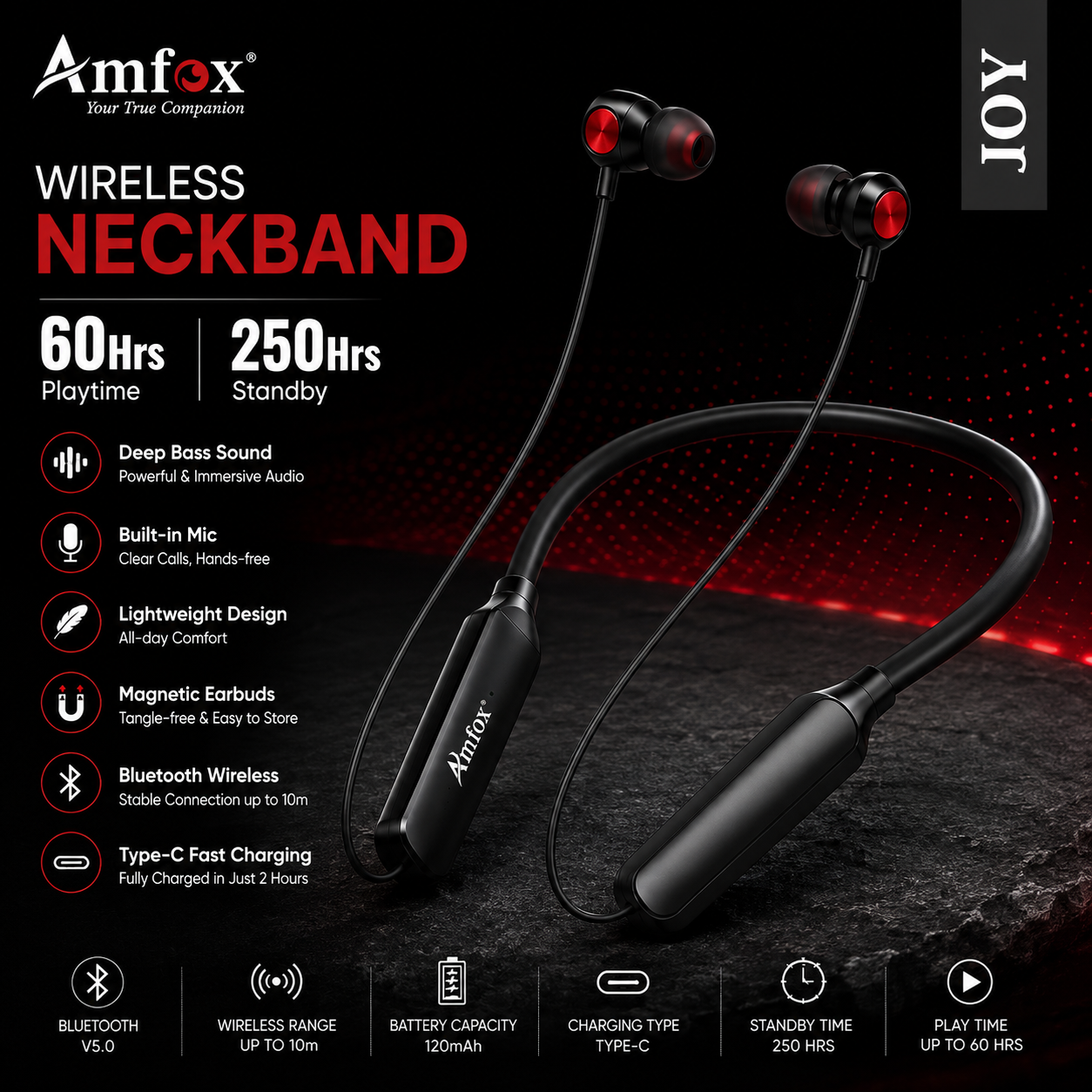 Amfox JOY Wireless Bluetooth Neckband Earphones | 60 Hours Playtime | 250 Hours Standby | Deep Bass | Built-in Mic | Fast Charging | Magnetic Earbuds