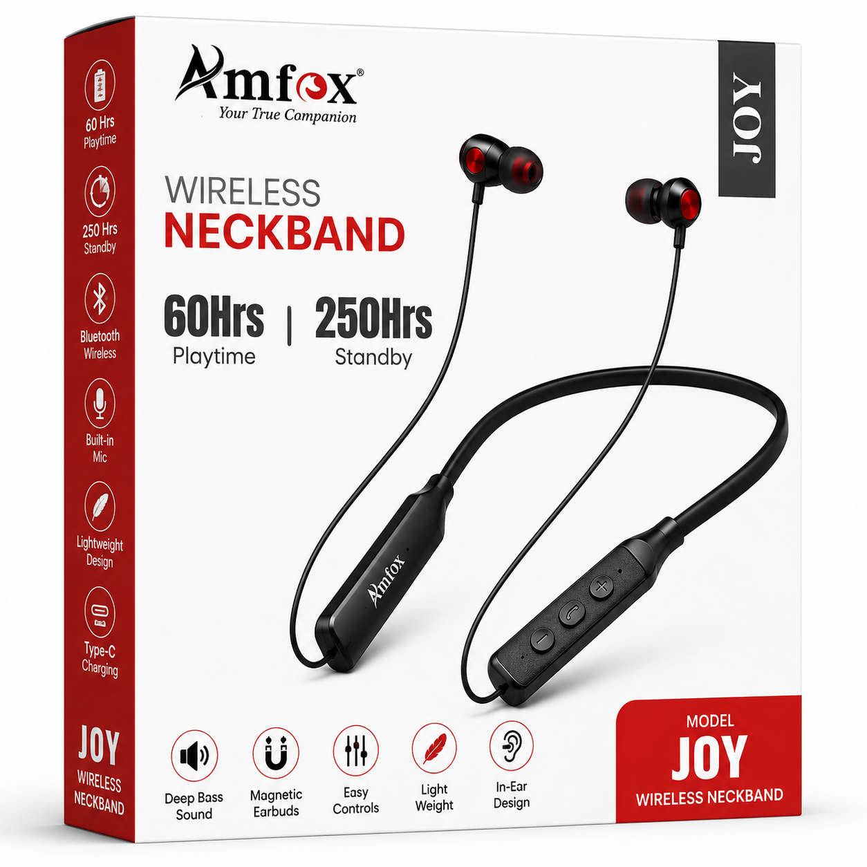 Amfox JOY Wireless Bluetooth Neckband Earphones | 60 Hours Playtime | 250 Hours Standby | Deep Bass | Built-in Mic | Fast Charging | Magnetic Earbuds