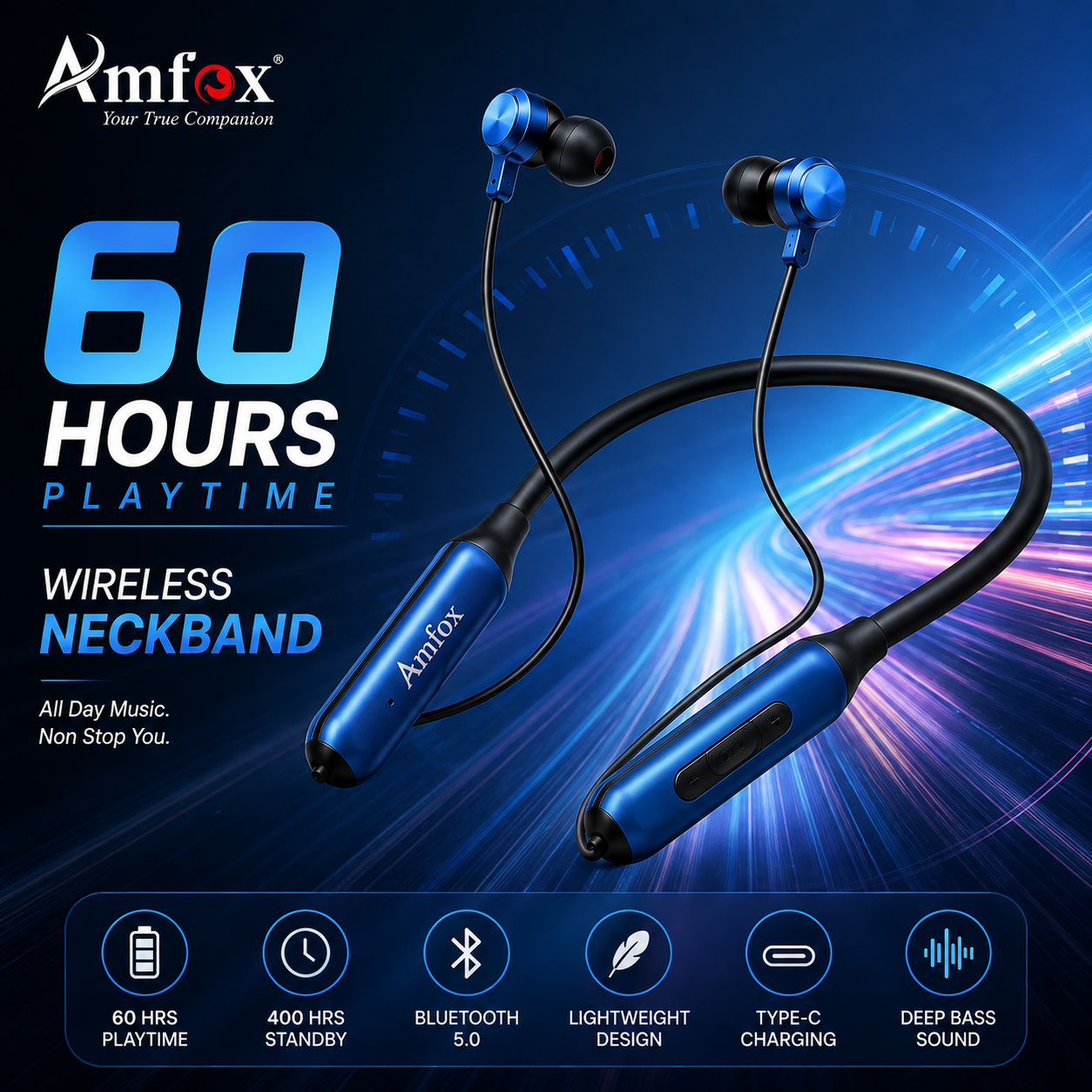 Amfox Sport Wireless Bluetooth Neckband | 60 Hours Playtime | 400 Hours Standby | Deep Bass | Magnetic Earbuds | HD Mic | Fast Charging (Copy)