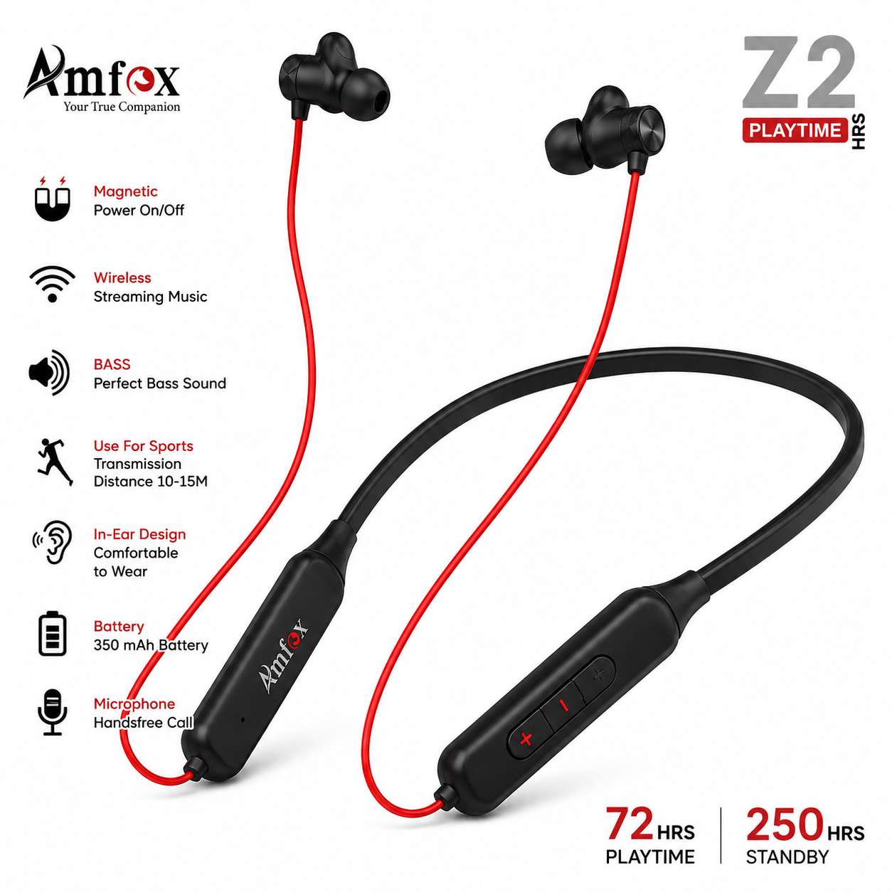 Amfox Z2 Wireless Bluetooth Neckband | 72 Hours Playtime | 250 Hours Standby | Deep Bass | Magnetic Earbuds | HD Mic | Fast Charging
