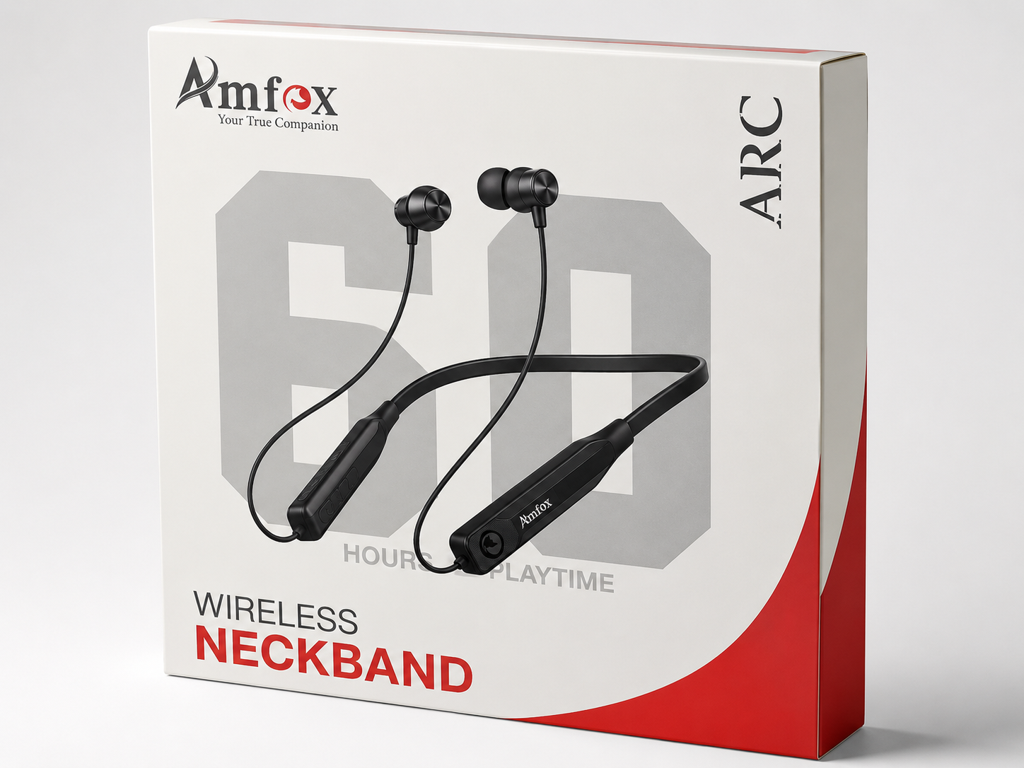 Amfox ARC Wireless Bluetooth Neckband | 60 Hours Playtime | 400 Hours Standby | Deep Bass | Magnetic Earbuds | HD Mic | Fast Charging (Copy)