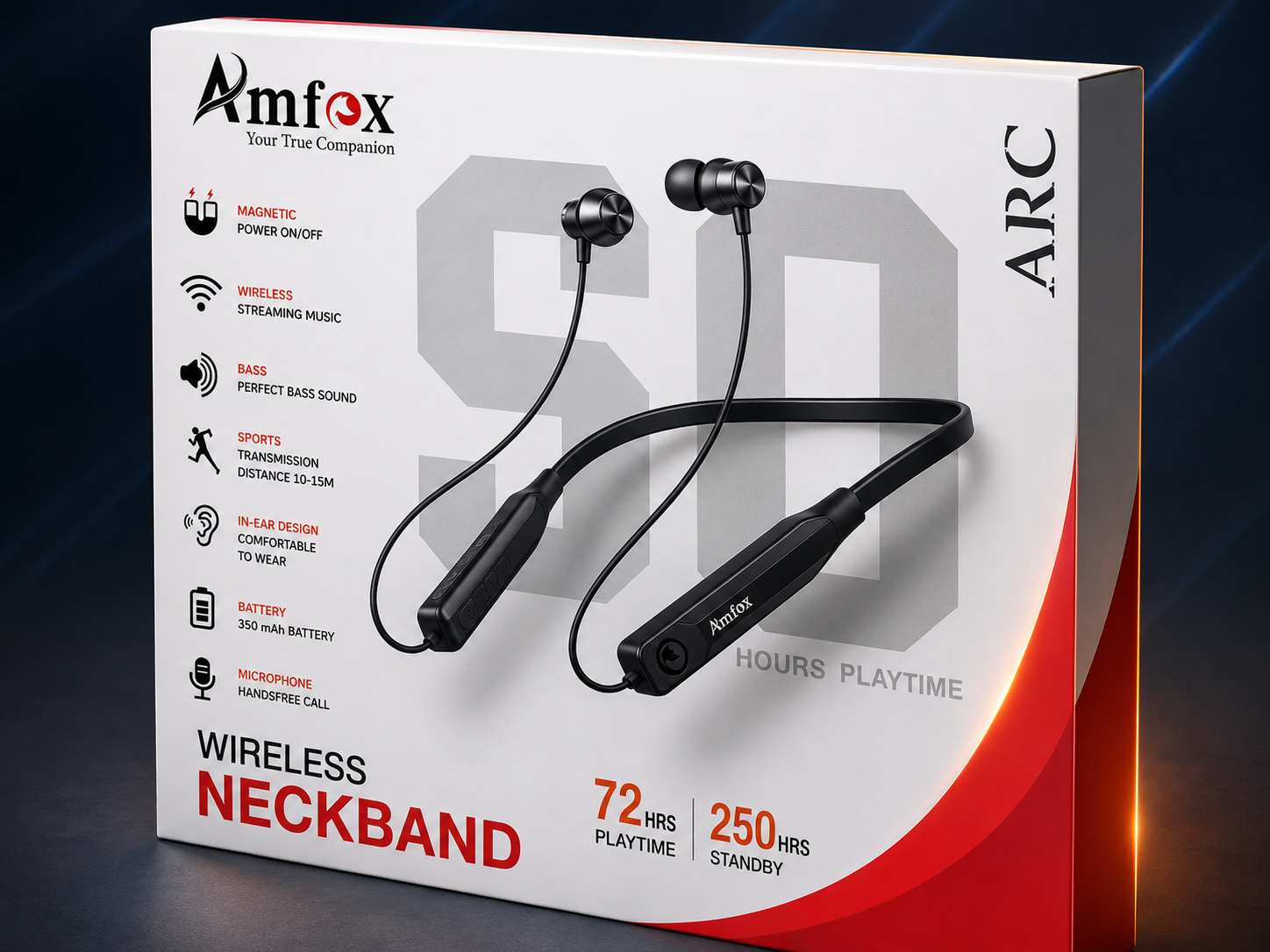 Amfox ARC Wireless Bluetooth Neckband | 60 Hours Playtime | 400 Hours Standby | Deep Bass | Magnetic Earbuds | HD Mic | Fast Charging (Copy)