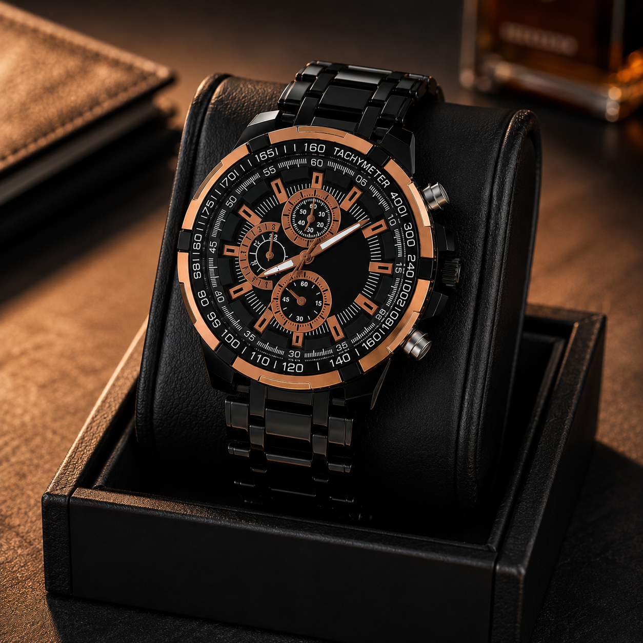 Luxury Black Metal Analog Chronograph Style Wrist Watch for Men | Premium Stainless Steel Strap | Business, Casual & Party Wear
