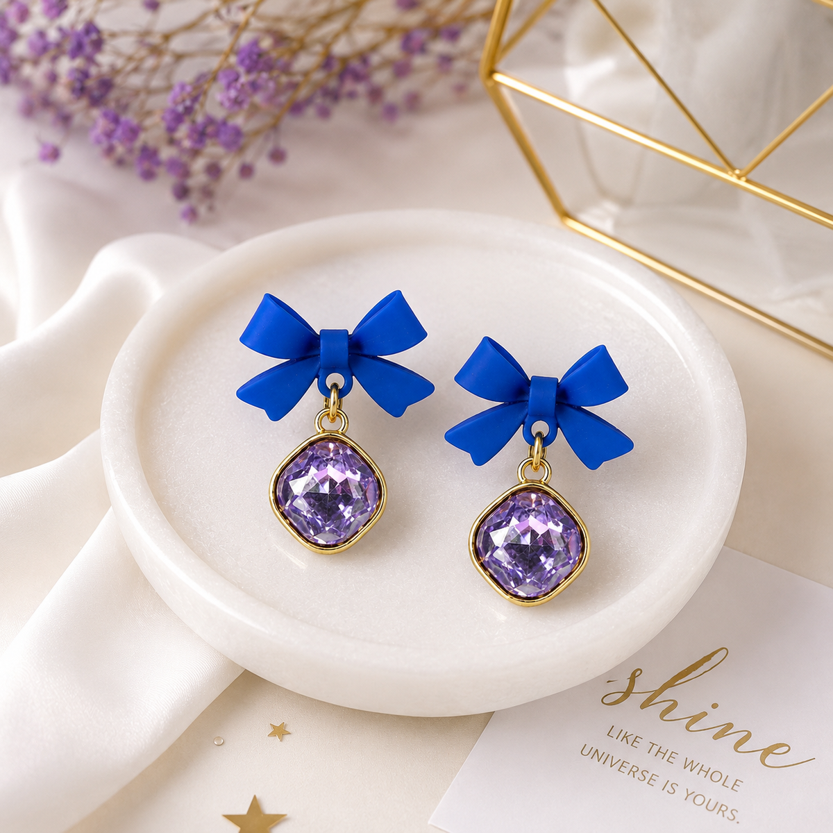 Blue Bow Purple Crystal Dangle Earrings