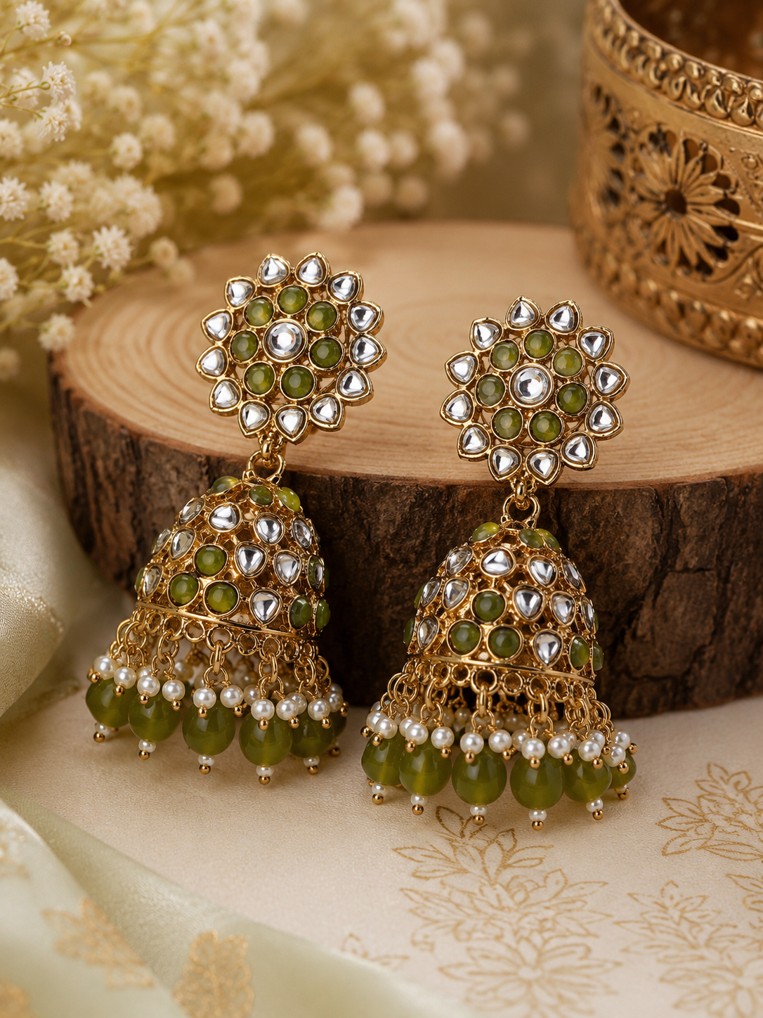 Gold Plated Green & White Kundan Studded & Pearl Beaded Jhumka Earrings