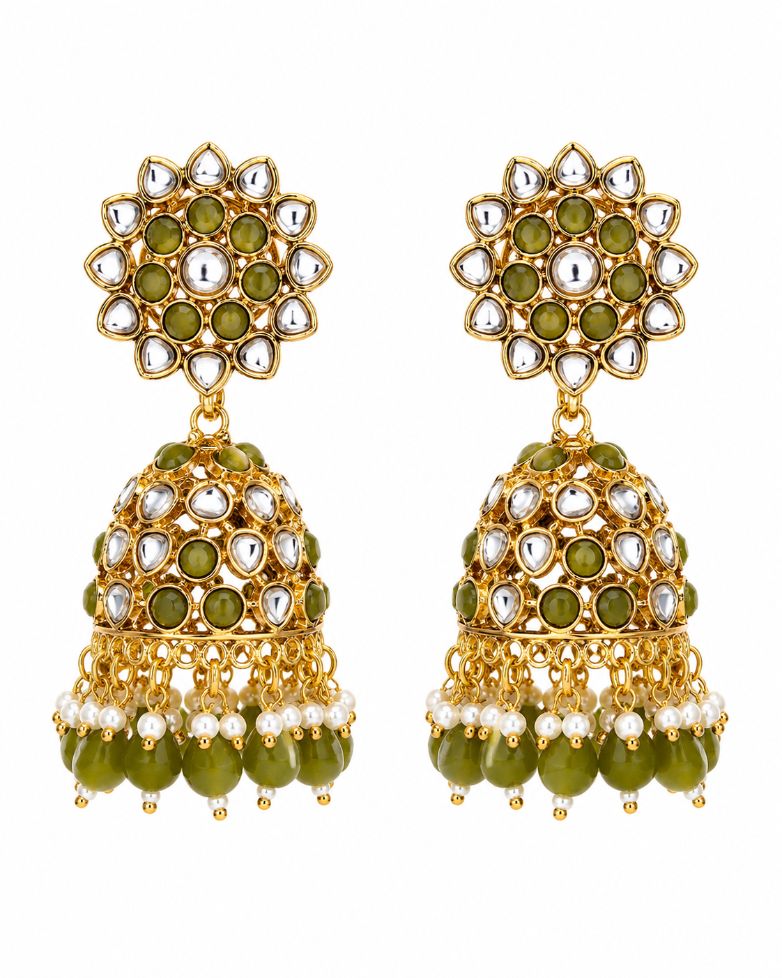 Gold Plated Green & White Kundan Studded & Pearl Beaded Jhumka Earrings