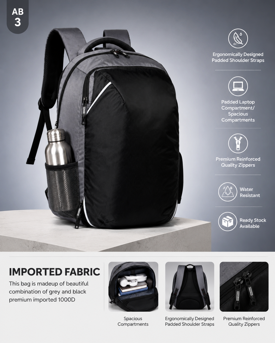 AB1 Premium 1000D Water Resistant Laptop Backpack | Spacious Multi-Compartment College, Office & Travel Bag