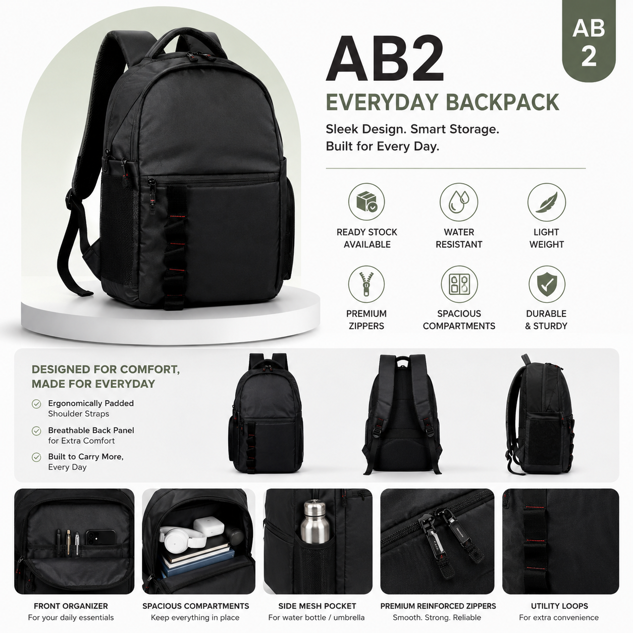 AB2 Premium Dual Fabric Laptop Backpack | Lightweight Office & College Backpack