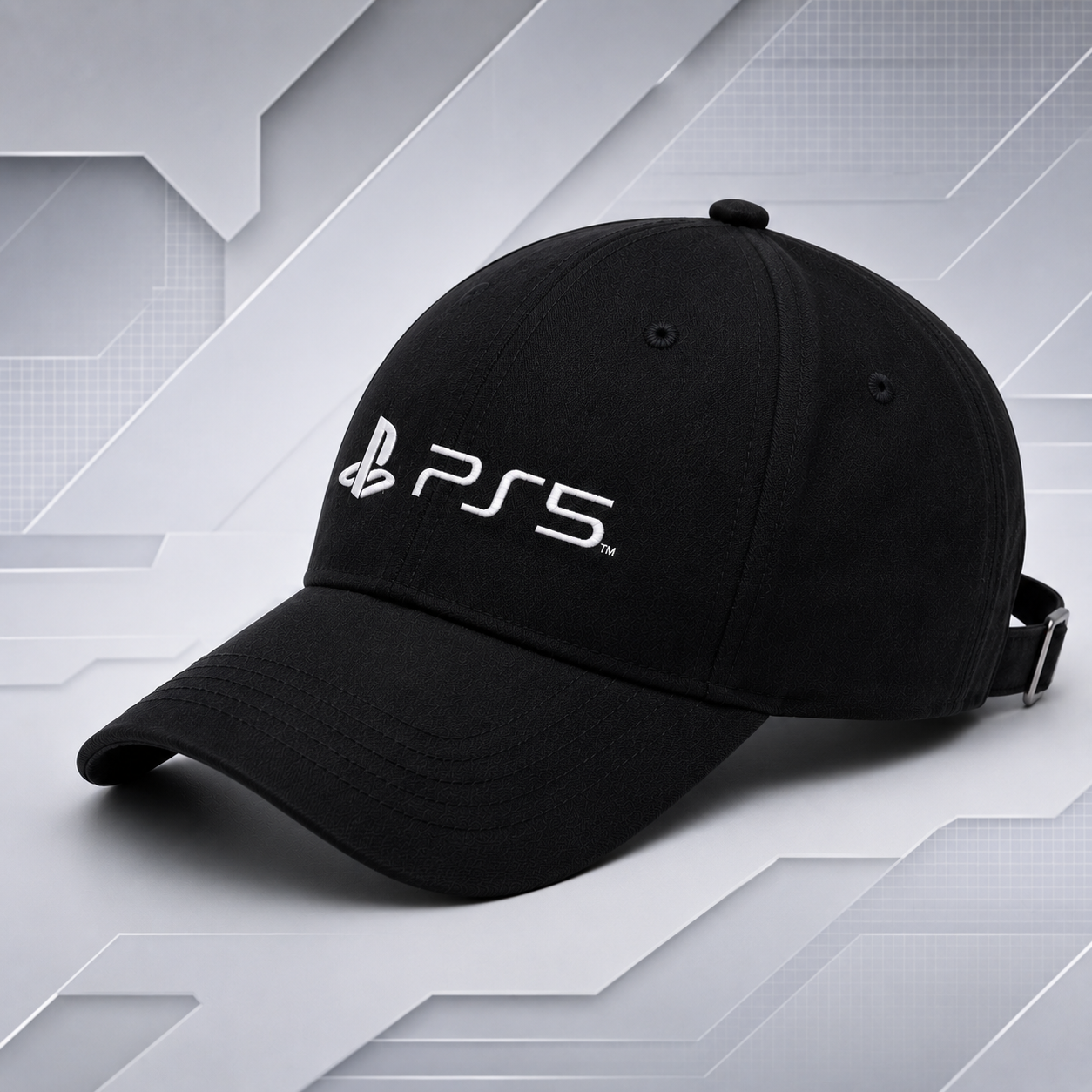 PS5 5 Panel Baseball Cap | Micro Peach Polyester | Adjustable Strap | Black