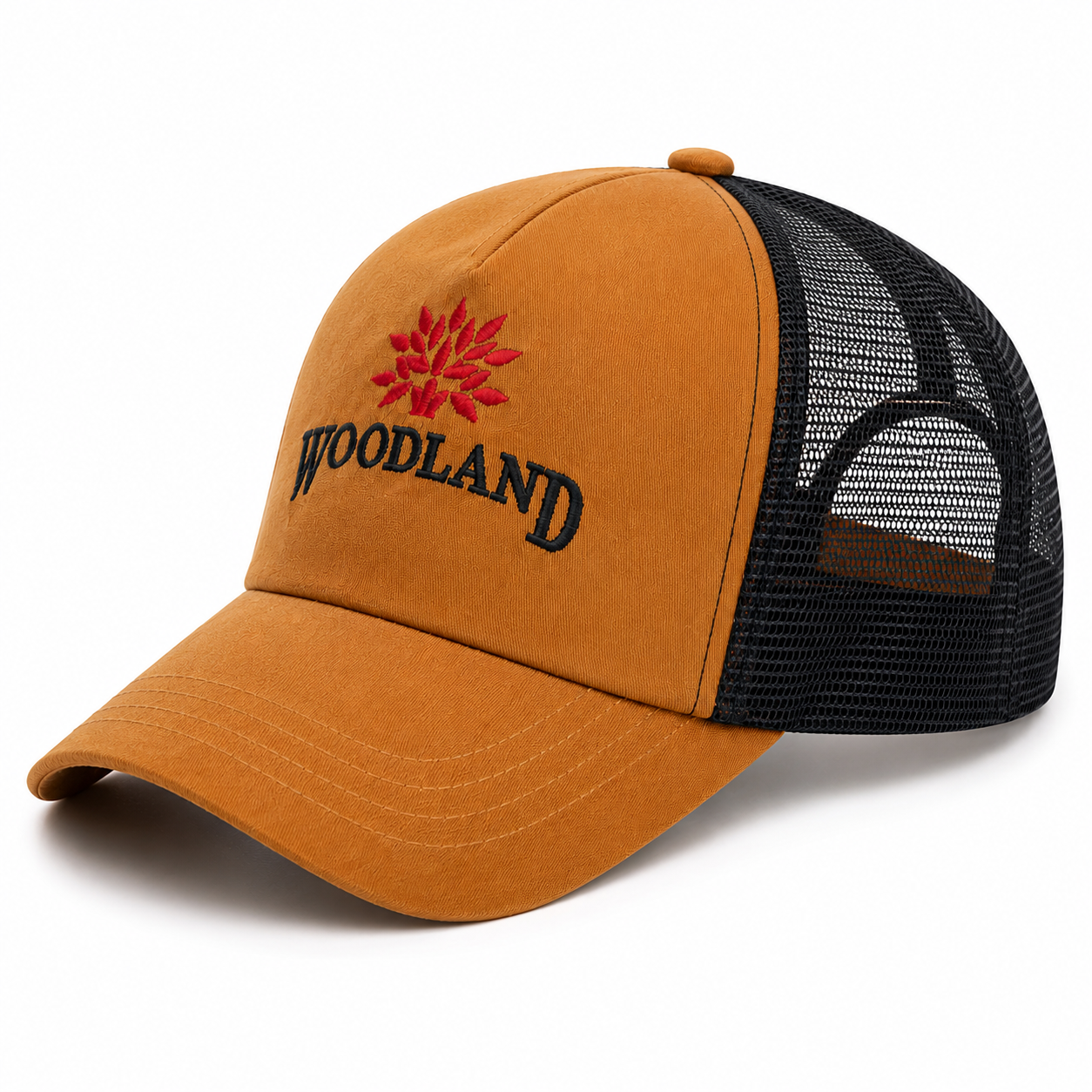 Woodland Trucker Cap | Brushed Twill Front & Breathable Mesh Back | 5 Panel | Adjustable Strap | Camel & Black