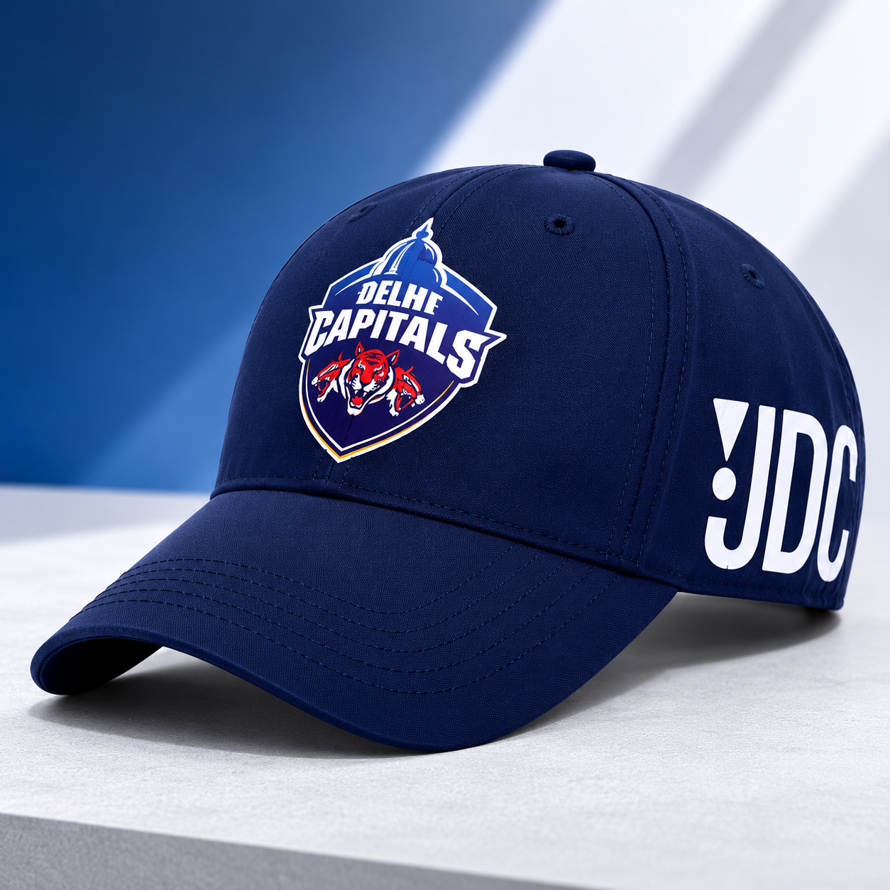 Delhi Capitals 6 Panel Baseball Cap | Micro Peach Polyester | Adjustable Strap | Navy Blue