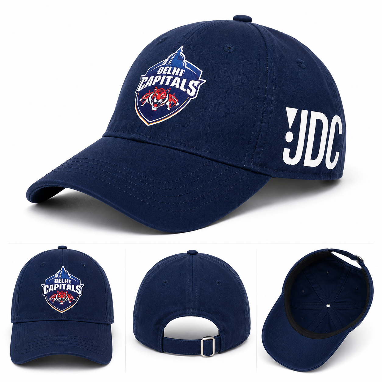Delhi Capitals 6 Panel Baseball Cap | Micro Peach Polyester | Adjustable Strap | Navy Blue