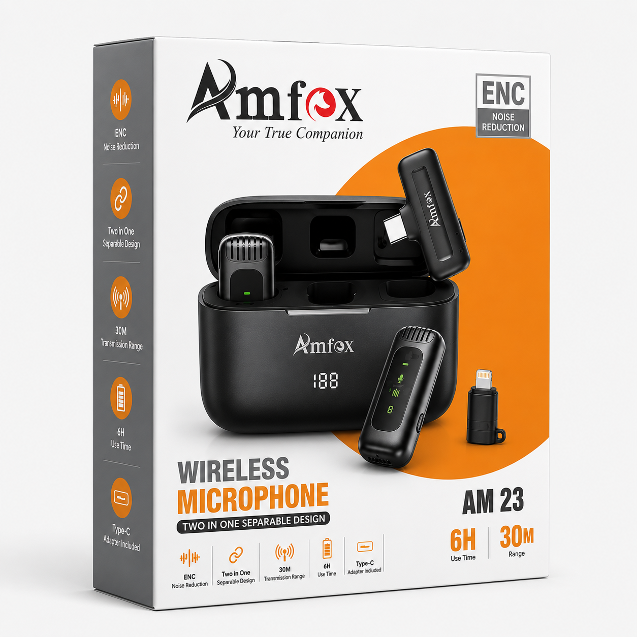 Amfox AM-23 ENC Wireless Microphone | Charging Case | 30m Range | 6H Battery | Type-C with Lightning Adapter