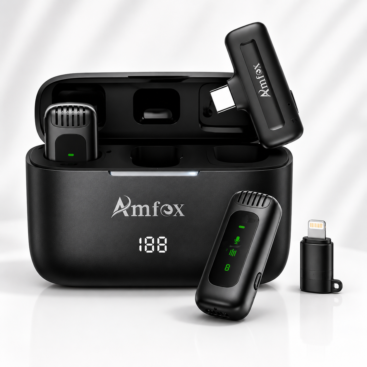 Amfox AM-23 ENC Wireless Microphone | Charging Case | 30m Range | 6H Battery | Type-C with Lightning Adapter