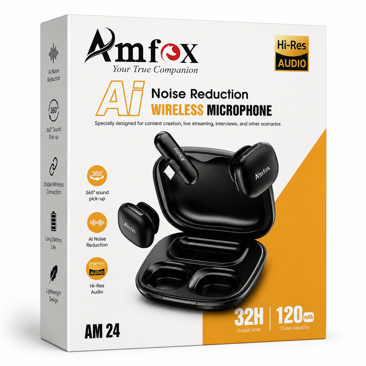Amfox AM-24 AI Wireless Microphone | 32H Battery | 1200mAh Charging Case | Hi-Res Audio | Magnetic Clip