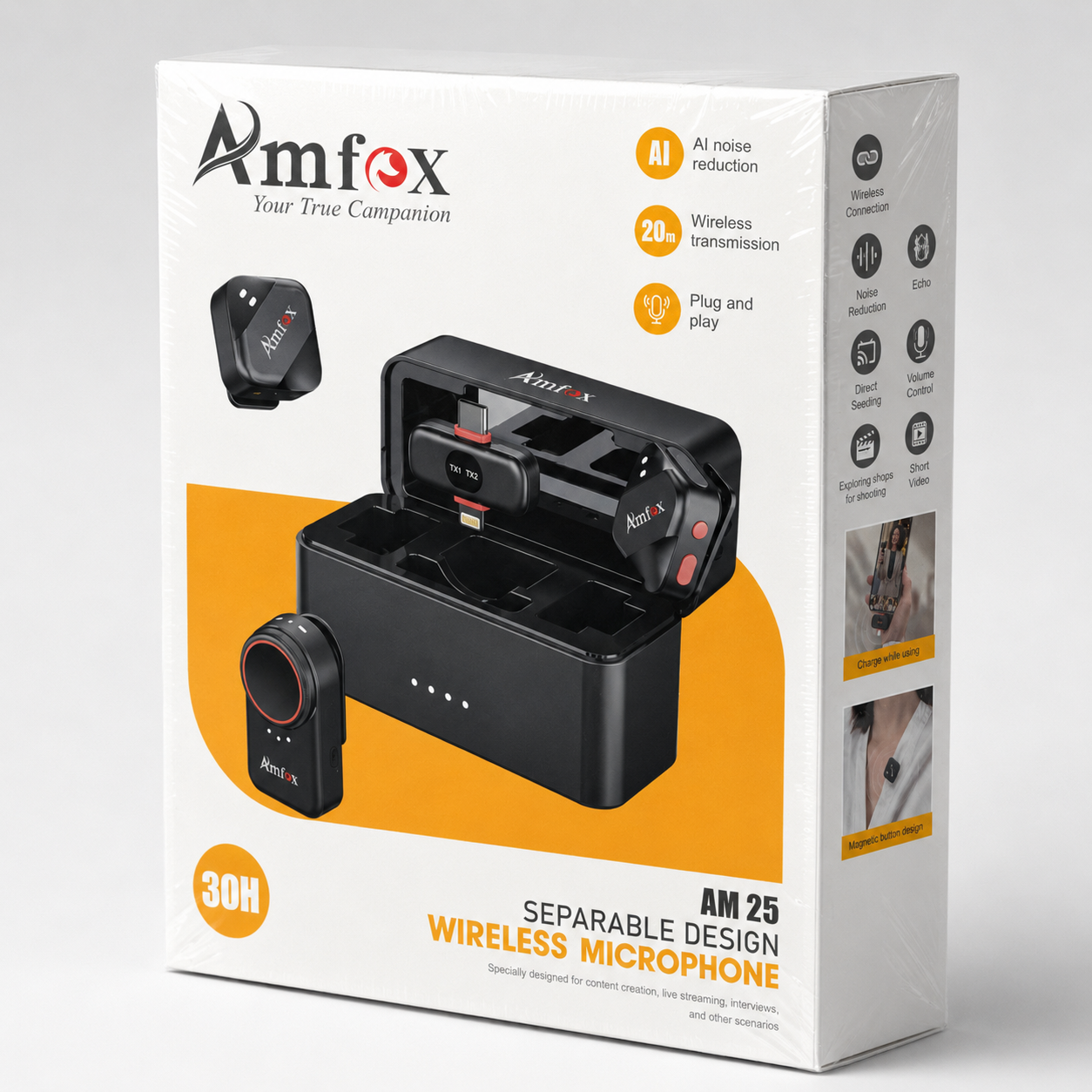 Amfox AM25 Wireless Microphone with Charging Case | AI Noise Reduction | 2.4GHz Plug & Play | 20m Range | 30H Battery | Type-C & Lightning Compatible