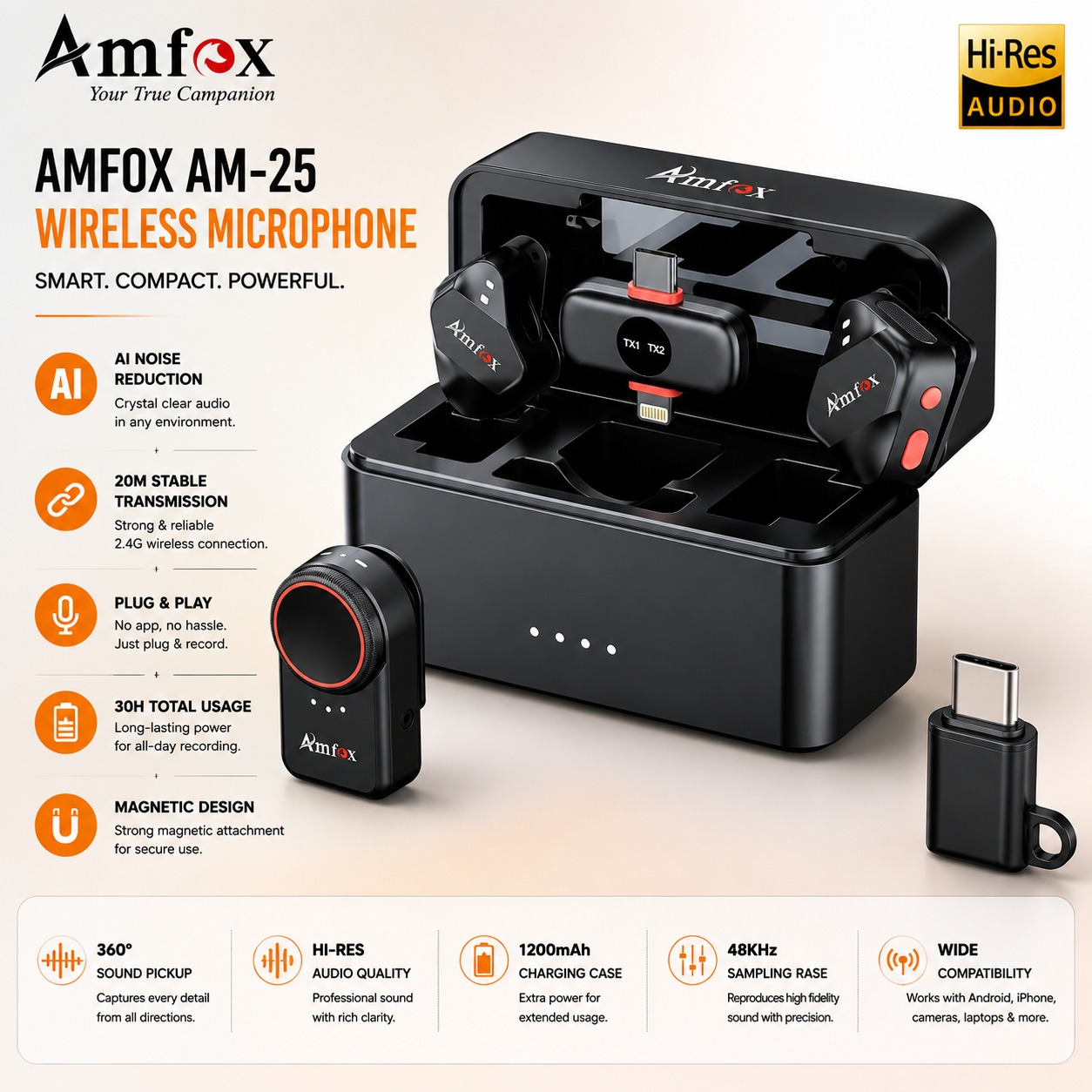 Amfox AM25 Wireless Microphone with Charging Case | AI Noise Reduction | 2.4GHz Plug & Play | 20m Range | 30H Battery | Type-C & Lightning Compatible