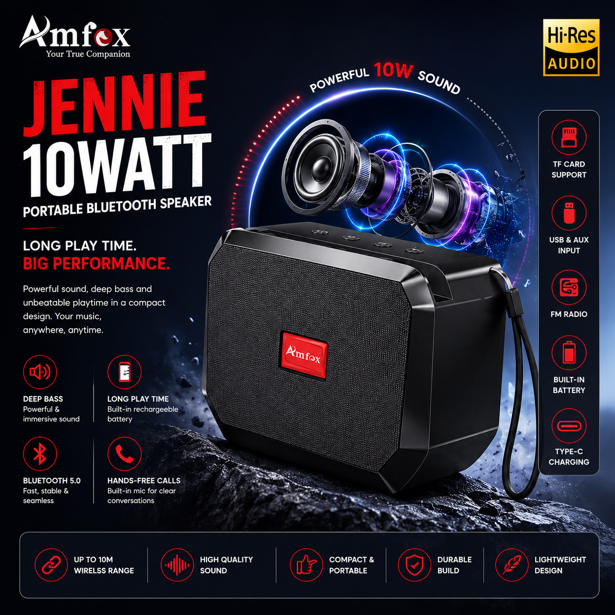 Amfox Jennie 10W Portable Bluetooth Speaker | Hi-Res Audio | Bluetooth 5.0 | FM Radio | TF Card | USB | Type-C Charging | Deep Bass | Built-in Battery | Black