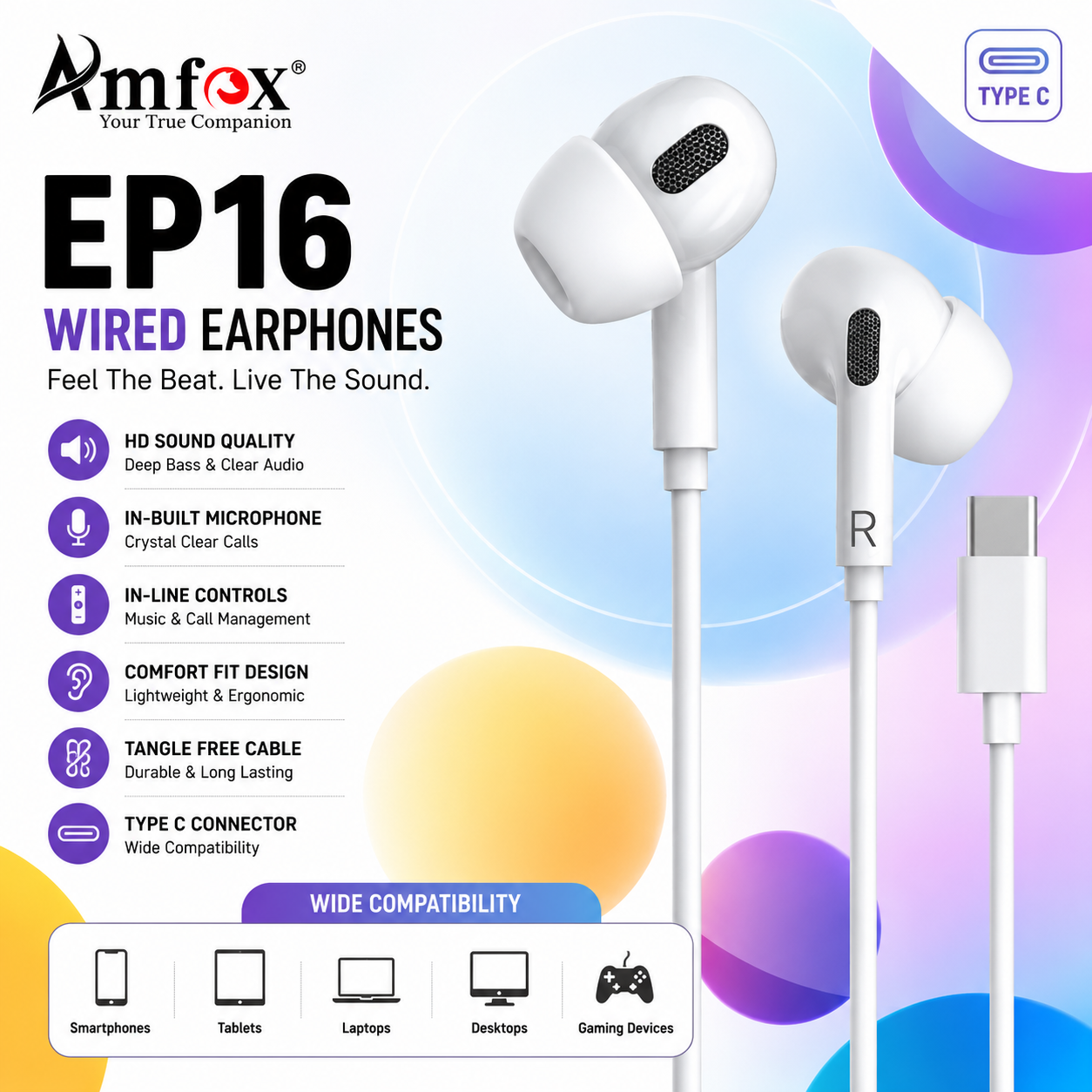 Amfox EP16 Type-C Wired Earphones with Mic | Hi-Fi Stereo Sound | Deep Bass | In-Ear Noise Isolation | Built-in HD Microphone & Volume Control | USB-C Earphones for Android Smartphones, Tablets & Laptops