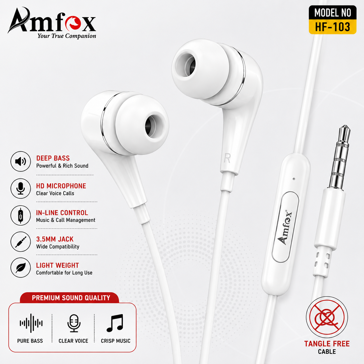Amfox HF-103 Stereo Wired Earphones with Mic | 3.5mm Jack | Deep Bass | HD Sound | In-Line Microphone | Comfortable In-Ear Design | Universal Compatibility | White