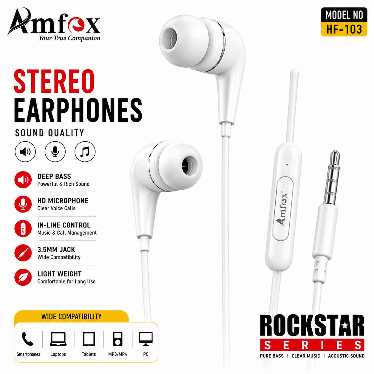 Amfox HF-103 Stereo Wired Earphones with Mic | 3.5mm Jack | Deep Bass | HD Sound | In-Line Microphone | Comfortable In-Ear Design | Universal Compatibility | White