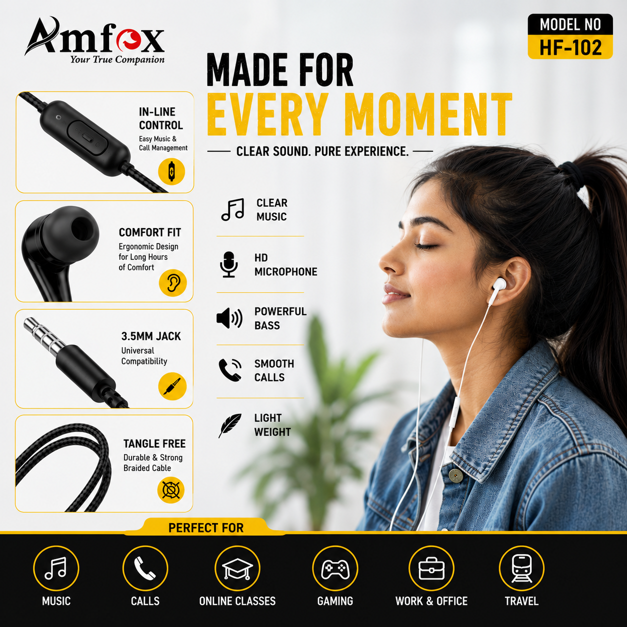 Amfox HF-102 Wired Earphones with Mic | 3.5mm Jack | HD Sound | Deep Bass | In-Line Control | Tangle-Free Cable | Universal Compatibility