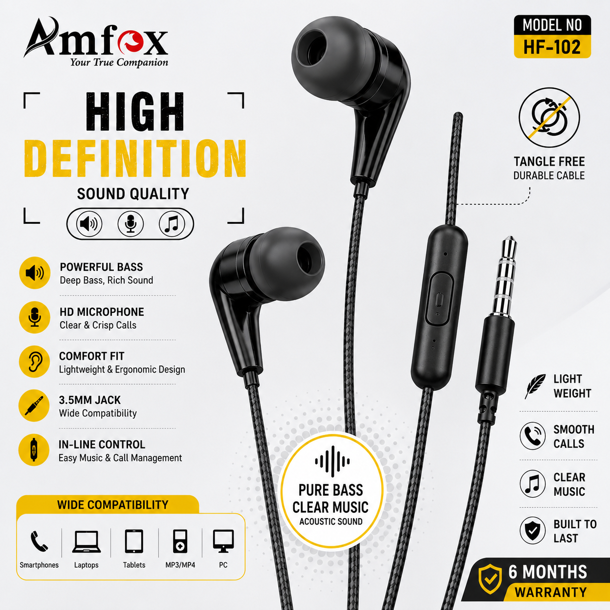 Amfox HF-102 Wired Earphones with Mic | 3.5mm Jack | HD Sound | Deep Bass | In-Line Control | Tangle-Free Cable | Universal Compatibility